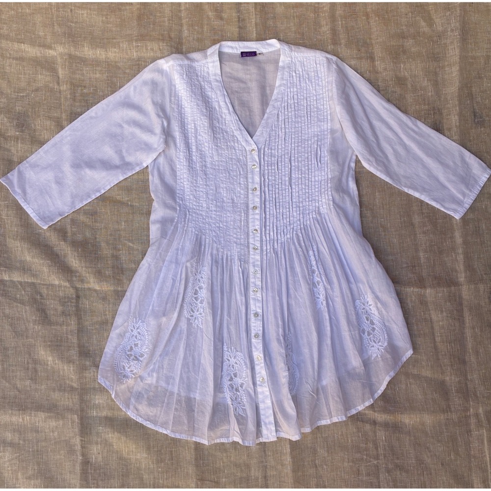Sevya Handmade White Cotton Pintuck Embroidered Tunic Top V-Neck 3/4 Sleeve S
